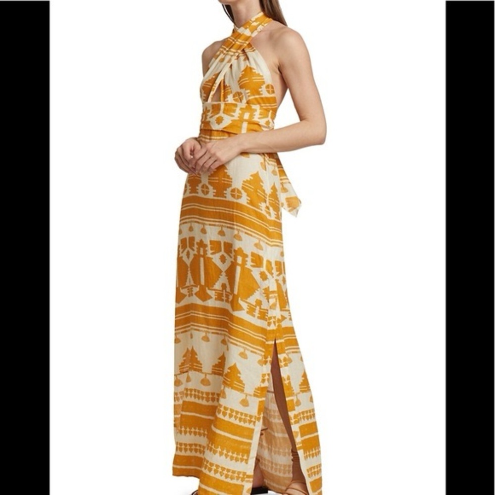 Johanna Ortiz Facundo printed linen maxi halter dress in a yellow/orange